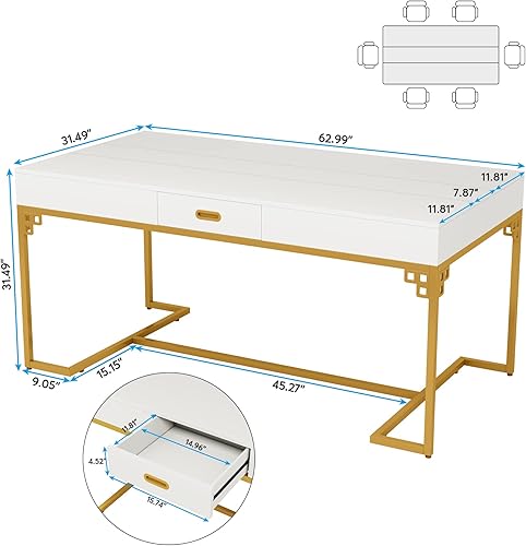 Miniatura 6 de Tribesigns Mesa de comedor de 63 pulgadas para 4 a 6, mesa de cocina rectangular con 2 cajones, moderna mesa de comedor con marco de metal dorado