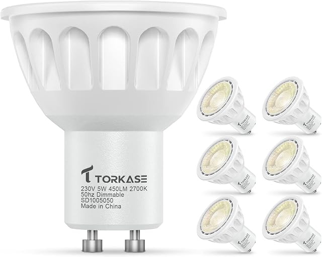 GU10 LED Bulbs, Warm White 2700K, 50W Halogen Equivalent, Dimmable 5W 450LM Energy Saving Light Bulbs, 230V, 36° Narrow Beam Angle Spotlight Bulbs for Track Ceiling Lighting, 6 Pack by Torkase