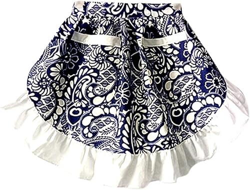 CRB Fashion Delantal de cocina con bolsillo en la cintura, para cocina, se adapta a tallas XS a L (azul blanco), Azul Blanco