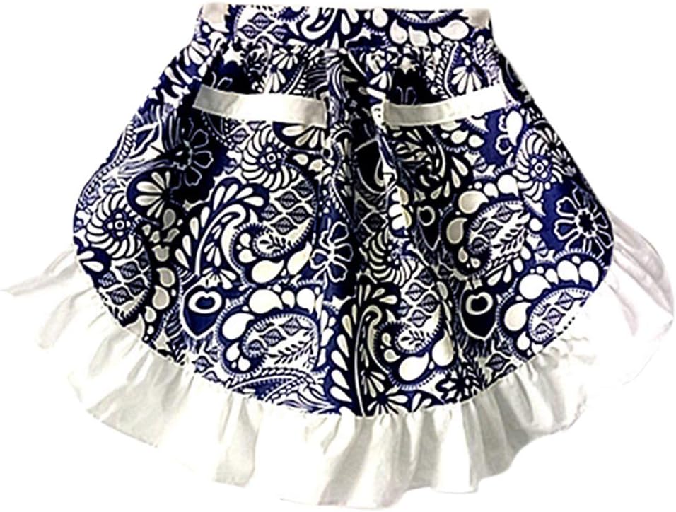 CRB Fashion Waist Pocket Half Bistro Kitchen Cooking Apron Fits XS to L, Blue White, One Size