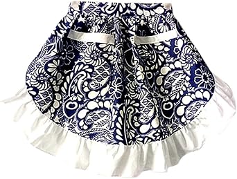 CRB Fashion Womens Ladies Waist Pocket Half Bistro Kitchen Baking Cooking Apron Fits Size XS to Large Blue White