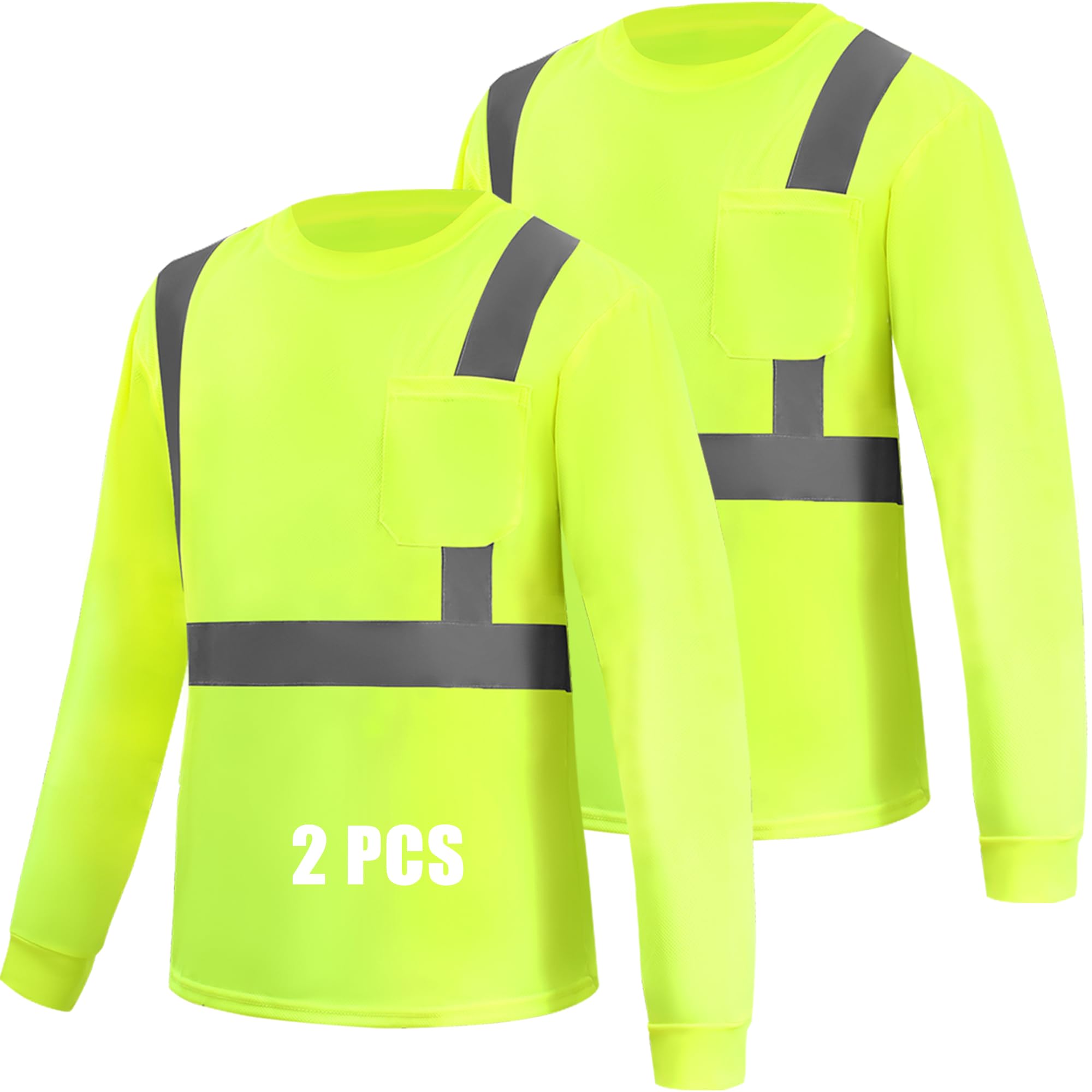 WPLM 2 Pack Hi Vis Long Sleeve Safety Shirts Reflective DryBlend Shirts for Railway Colleague Moisture Wicking Multipack