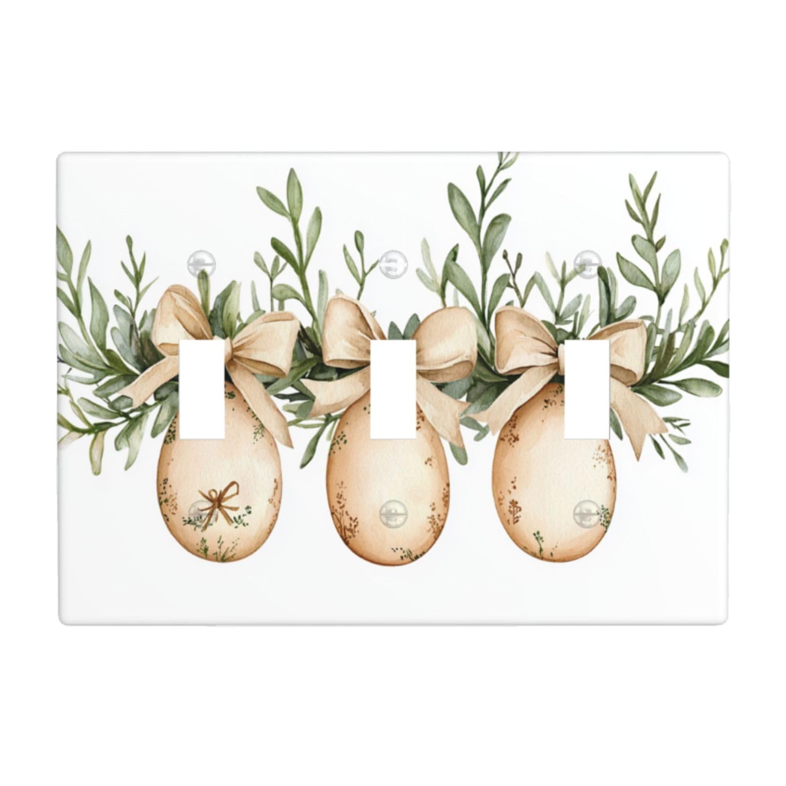 Woshuwo White Watercolor Three Easter Egg With Bows Greenery Light Switch Covers 3 Gang Triple Toggle Wall Plate Switchplate Electrical Faceplate For Bathroom Kitchen Bedroom Decor