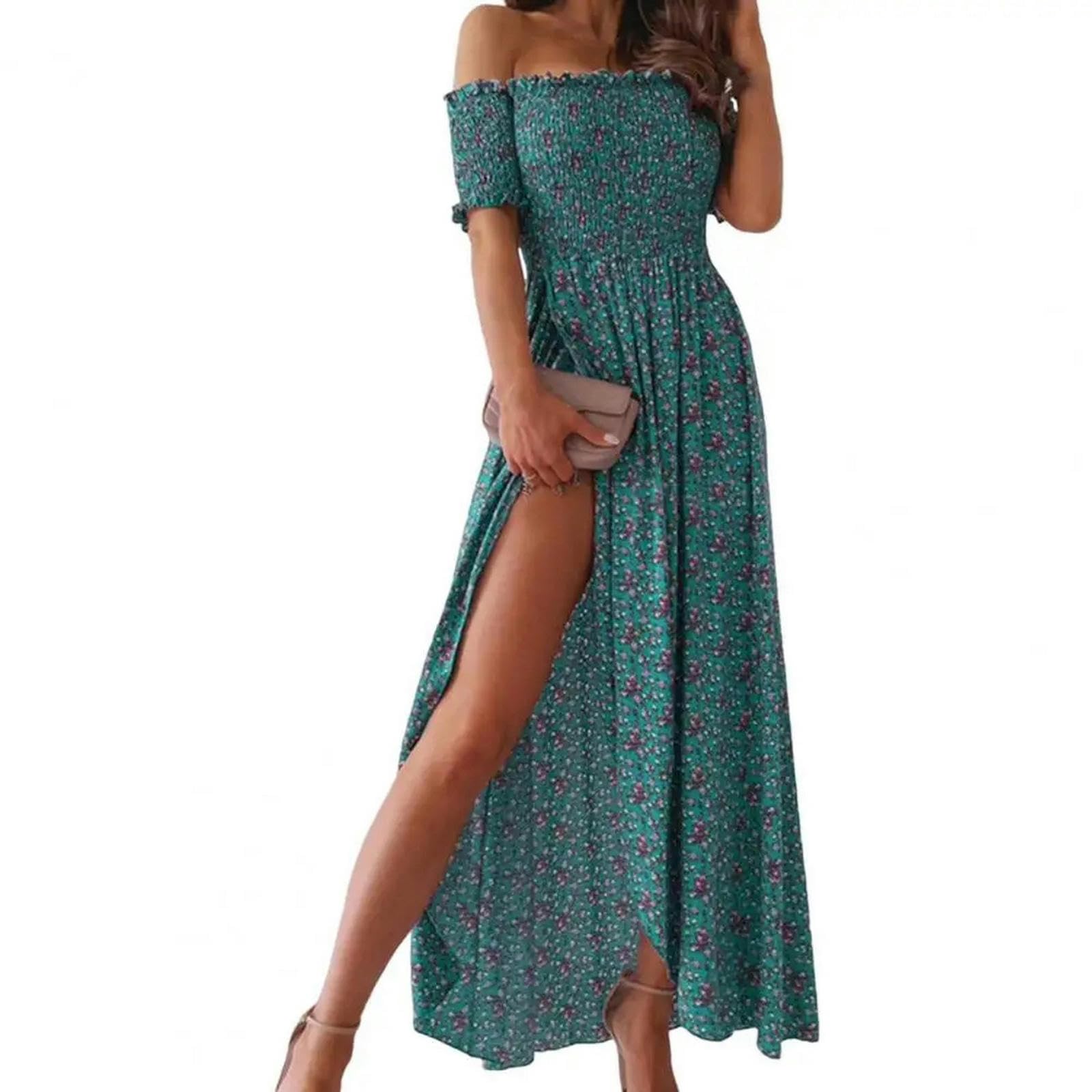 Vestidos Grandes para Mujeres Vestidos Casuales sin Tirantes de Hombro en Verano Flores de Playa Vestidos de Sol Largos con Volantes Huecos Vestidos Sexy Ahumados, HUTALIM, Azul claro, m