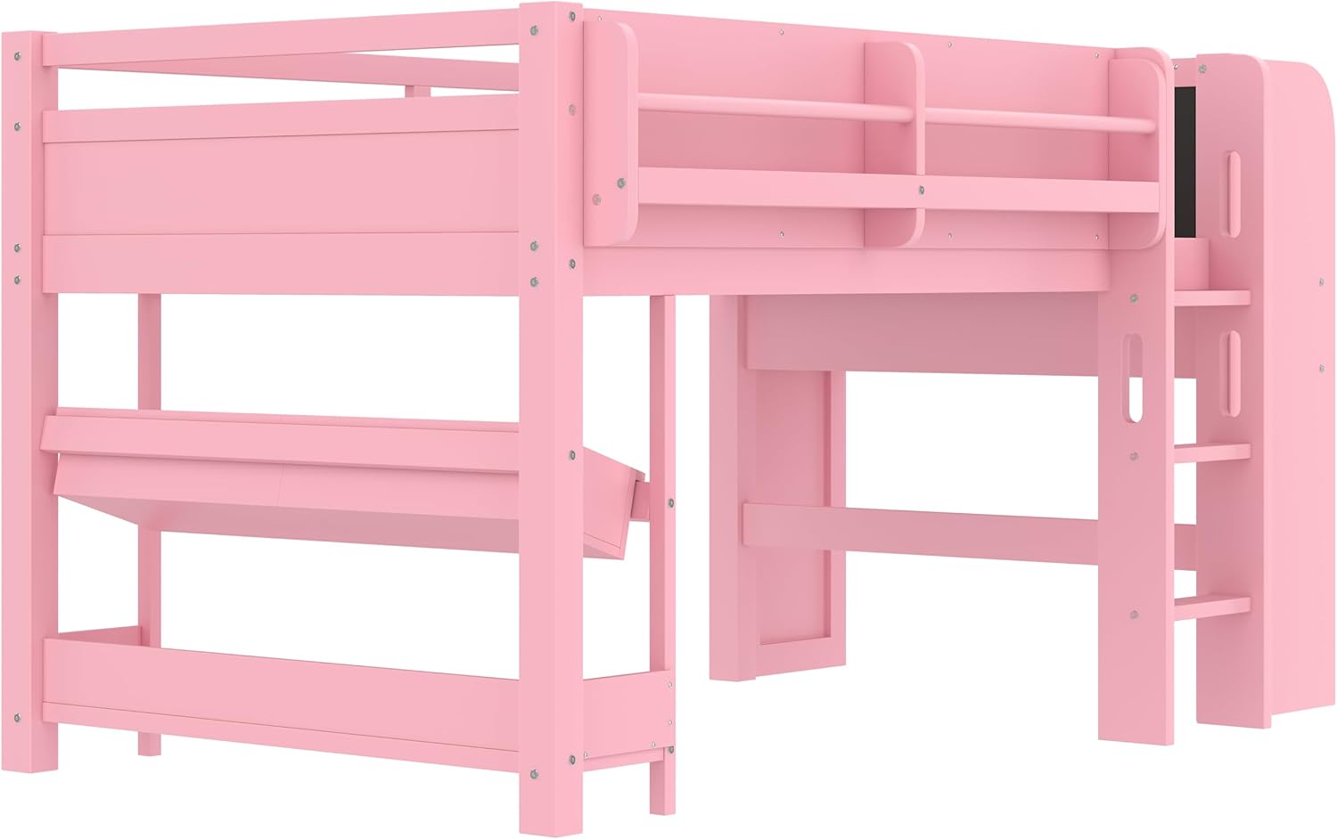 Bellemave Twin Loft Bed with Storage Boxes and Bookshelves, Solid Wood Kids Loft Bed with Desk and Blackboard, Low Loft Beds Frame for Kids, Girls, Boys, Childlike Design, Pink