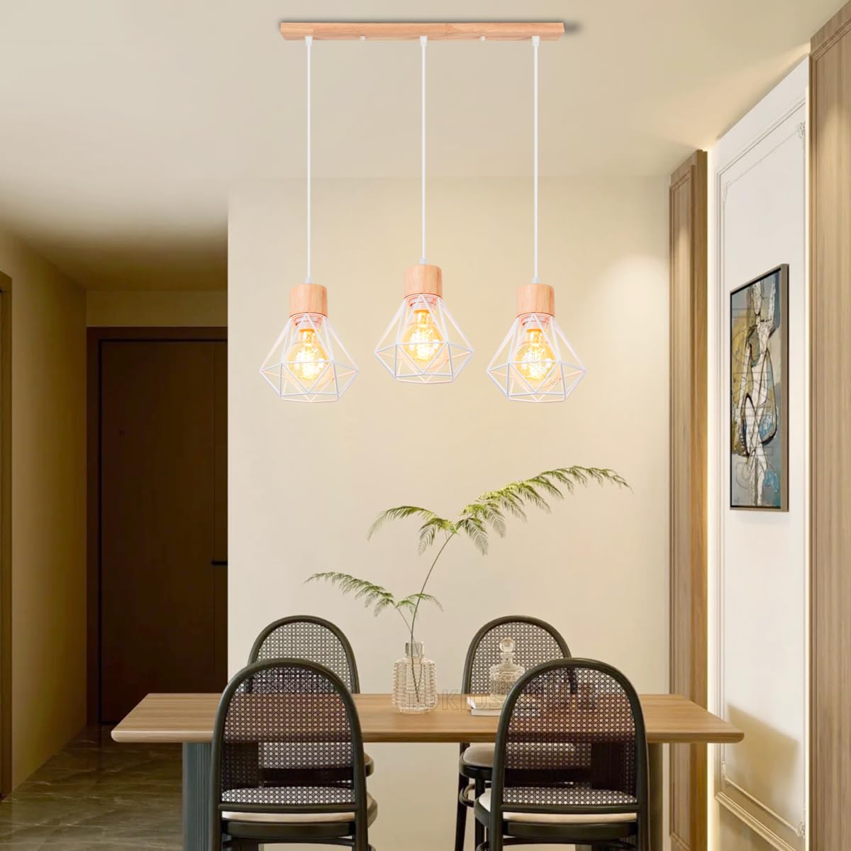 3 Lampade a Sospensione Apparecchio di Illuminazione Industriale E27 Plafoniera Vintage Lampadario Paralume in Metallo e Legno Ø160mm Retrò Per Soggiorno Cucina Camera da Letto (barra 50cm di