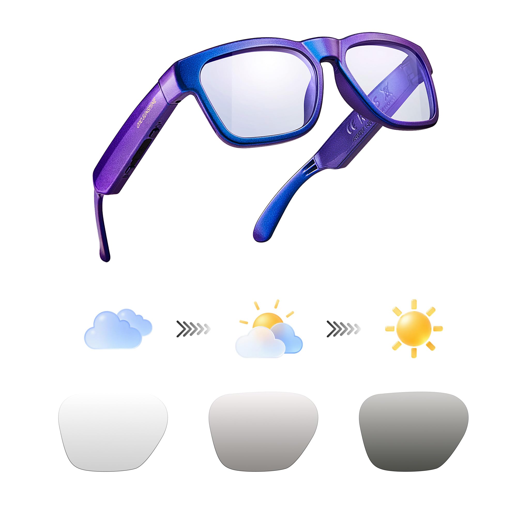 OhO sunshine Smart Glasses,Open Ear Audio for Music and Calls with Volume UP and Down, Bluetooth 5.2 Voice Control IP44 Waterproof Feature for Outdoor Sports