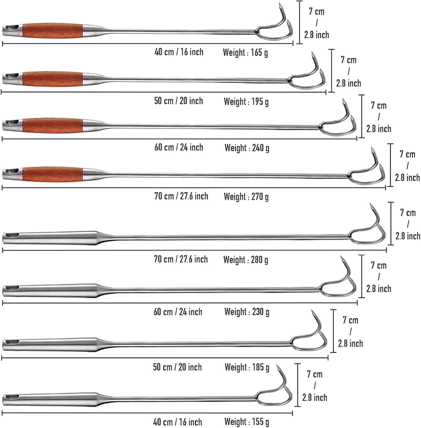 1 pcs 27.6'' Pigtail Food Flipper, with Double Hooks, Thickened SUS430 Stainless Steel, Extra Long Meat Turner, with Rose Wood Handle, Heavy Duty BBQ Meat Hooks, Large Sized Turkey Fryer Hook