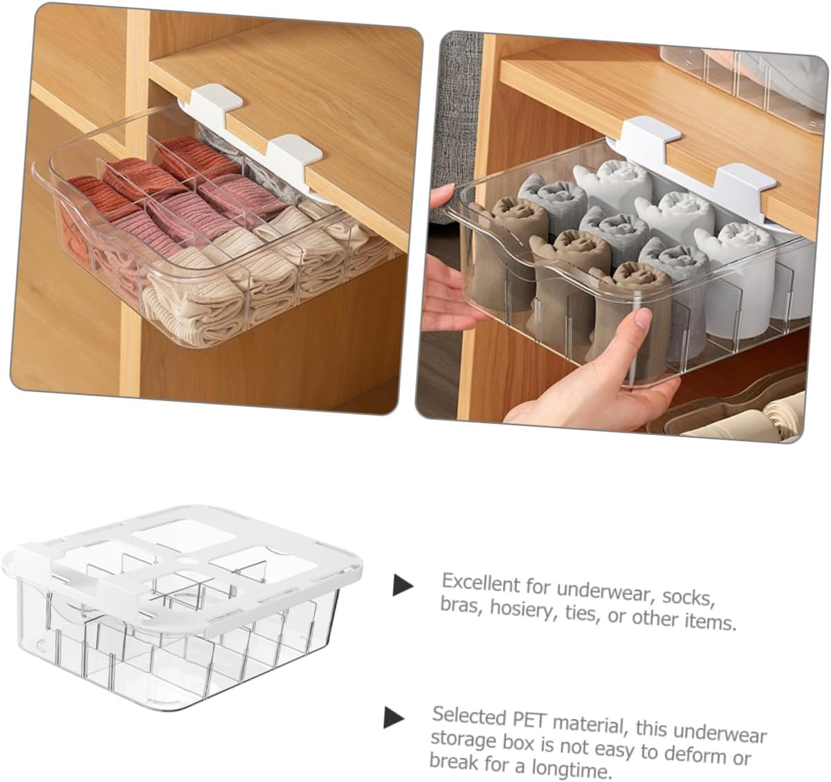 Ciieeo Transparent Compartment Pet Underwear Storage Box with Adhesive for Wardrobe Under Shelf Socks and Underwear Organizer Drawer Dust Divider for Closet and Drawer Use