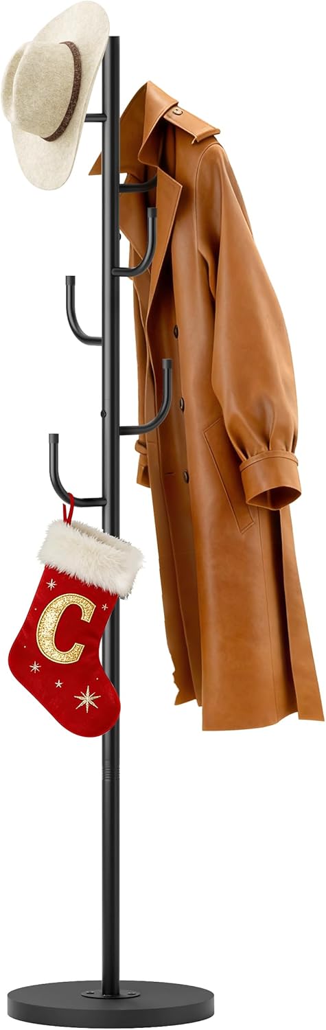 MISSLO Heavy Duty Freestanding Coat Rack with Adjustable Size, Stable Wood Base and 6 Hooks, Black