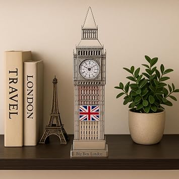 JRose Collections Crystal London Big Ben Clock Souvenir – 24cm Silver Ornament with Lights | UK Tourist Gift | Iconic British Landmark | Desk or Shelf Display | Elegant Home & Office Decor