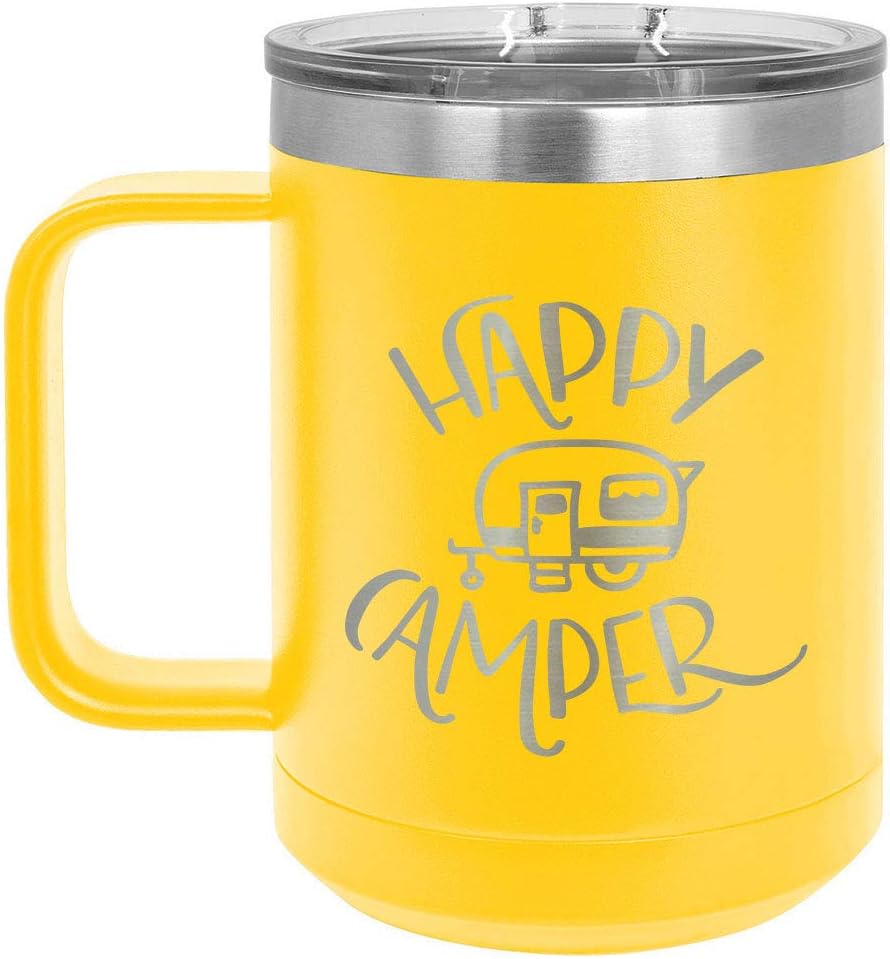 HAPPY CAMPER Yellow 15 oz Coffee Cup w/Slide Top Lid | Insulated Travel Coffee Mug | Birthday Or Christmas Gift Ideas From Women or Men | Compare To Yeti Rambler | ONLYGIFTS.COM
