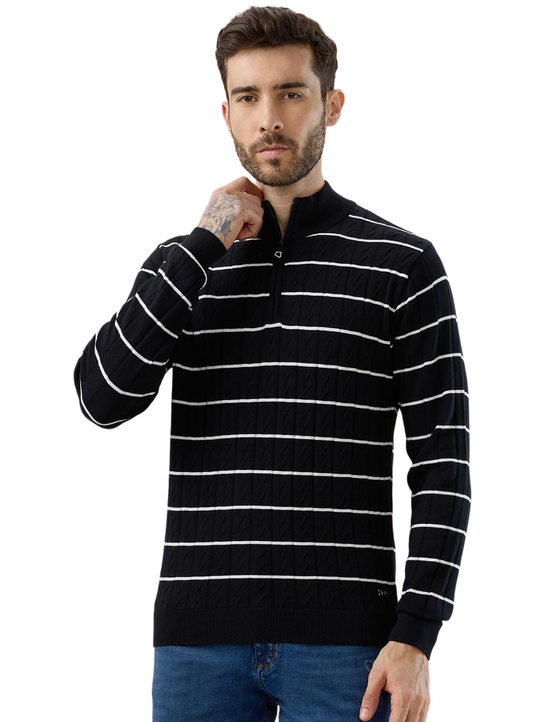 status quo Men's Striped Print Full Sleeves Half Zip High Neck Sweater-picture-10