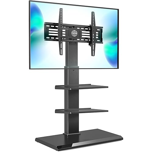 FITUEYES Iron Base Universal Floor TV Stand with Swivel Tilt, TV Mount Stand for 32-75 Inch Screens, Corner TV Stand with Height Adjustable Entertainment Shelves (Black)