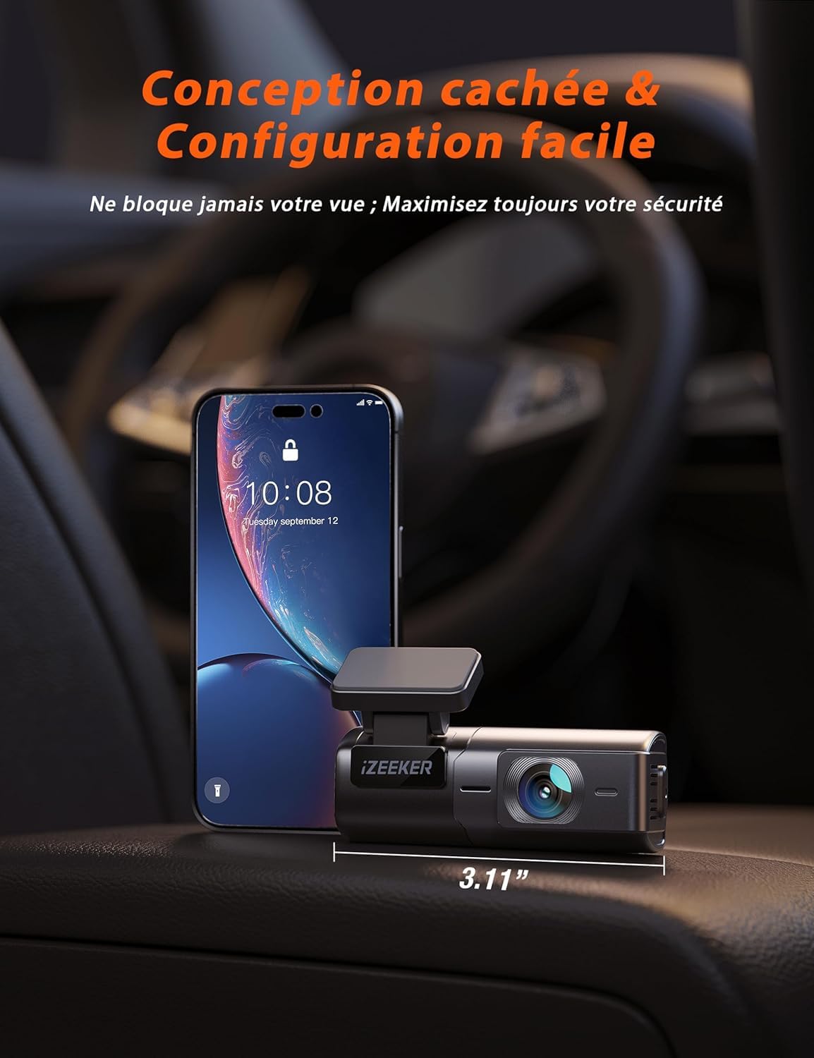 iZEEKER 2.5K Dashcam Voiture, Camera Voiture 1440P WiFi, Mini Dash Cam Avant avec App Contrôle, Vision Nocturne, WDR, Capteur G, Enregistrement en Boucle, Mode Parking 24H