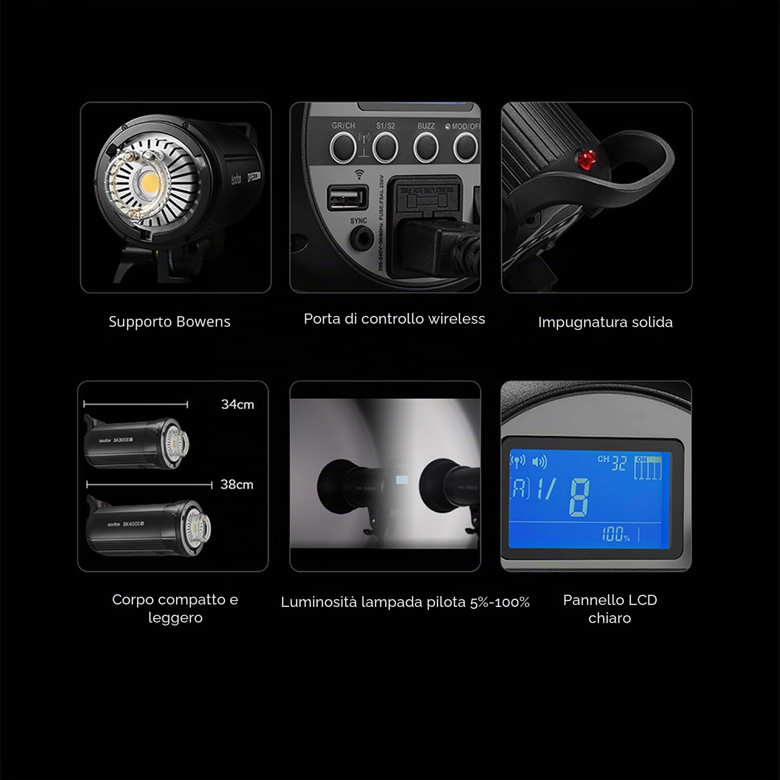 GODOX SK400II-V 400Ws Photo Studio, 2.4GHz GN65 5600±200K Strobe Light | Bowens Mount, con LED Modellabile Lampada, Tempo di Riciclaggio 0.1-1.5s, Sistema X Wireless 2.4GHz