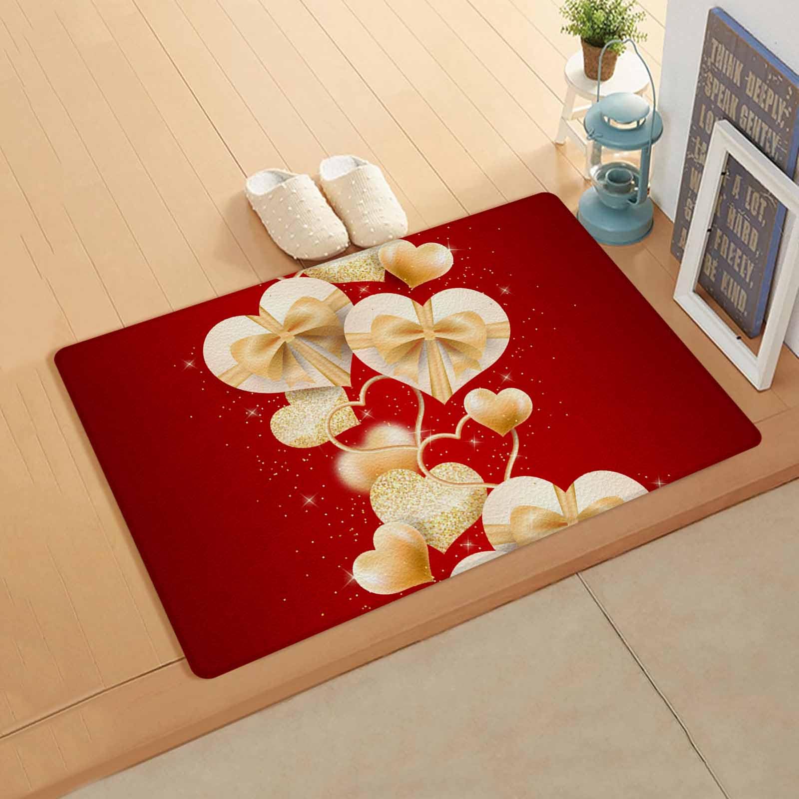 Valentine's Day Kitchen Bath Door Mat Cushioned Runner Rug,Washable Welcome Floor Sink Antifatigue Mat,Waterproof & Non-Slip Comfort Standing Doormat for Kitchen,Golden Red Heart Romantic Love 24