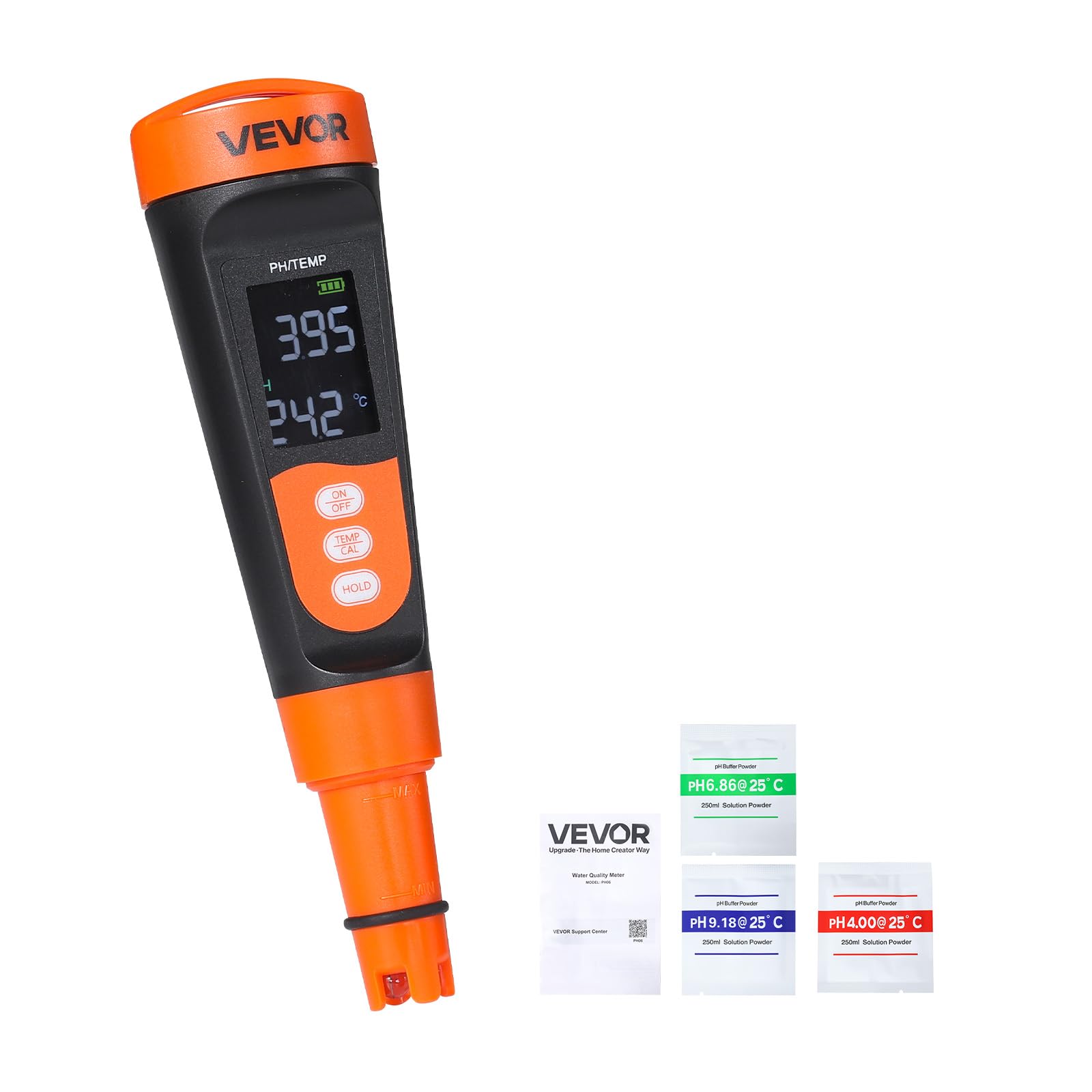 VEVOR pHmetro Portatile, Intervallo di pH 0-14, Sonda Impermeabile IP68, Kit Tascabile con Bustine di Polvere di Calibrazione, Display VA, per Test di Acidità Acqua Potabile Idroponica e Acquario