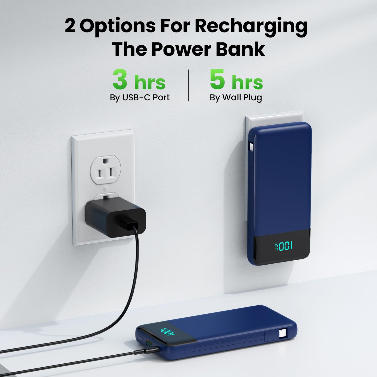 Cargador portátil con enchufe de CA integrado y cables, 13800 mAh todo en uno, USB C, cargador de batería portátil para iPhone 17/16/14, Galaxy, Android, azul oscuro
