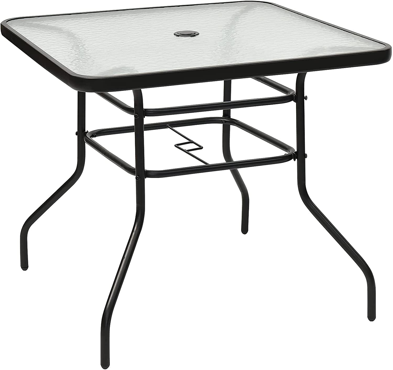 GYMAX Tavolino da Giardino in Metallo e Vetro Temperato, Tavolino da Esterno Elegante con Foro per Ombrellone, Ideale per Terrazzo, Cortile e Bar (80 x 80 x 72cm)
