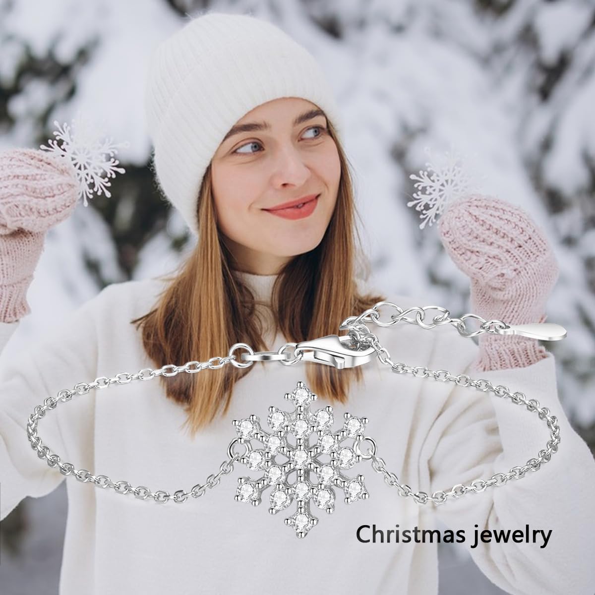 Snowflake Necklace Snowflake Bracelet for Women 925 Sterling Silver Cubic Zirconia Winter Adjustable Snowflake Jewelry Birthday Christmas Jewelry Gifts for Women - Image 6