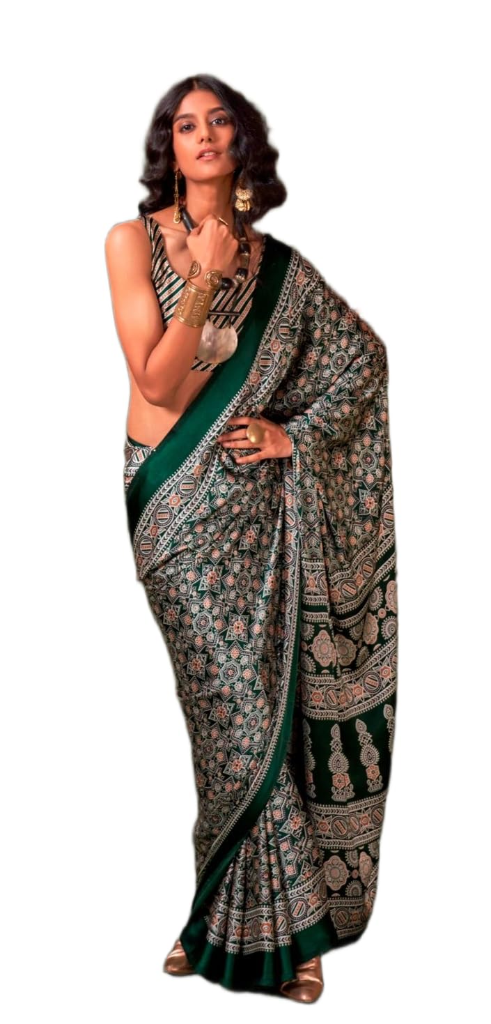ladyloom Women's Ajrakh Floral Printed Satin Silk Saree,Sari With Unstitched Satin Silk Blouse Piece-picture-48