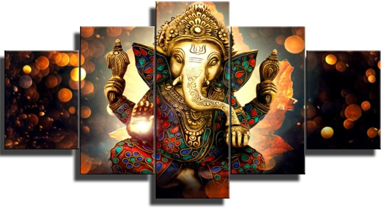 Large 5 Pieces Lord Ganesha Indian Wall Decor - Elephant Photo Picture Canvas Print Paintings for Living Room House Framed Decorations (60" W x 32" H) 60L" x 32W" Religion series NO1-L