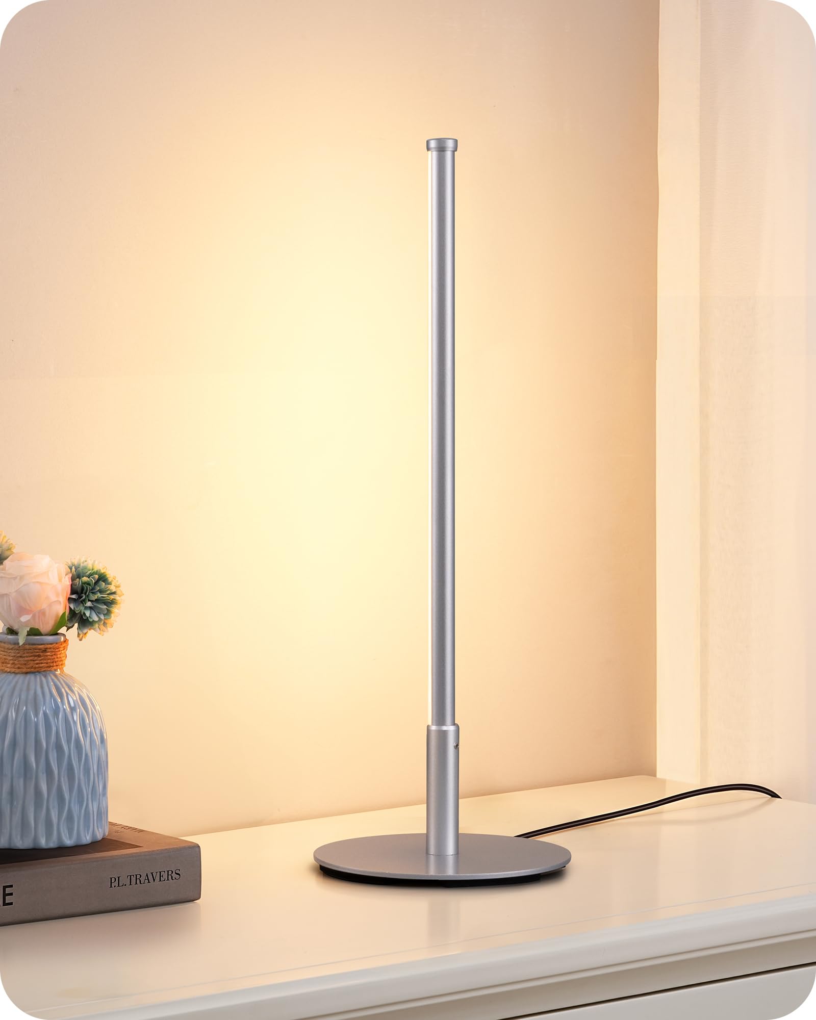 EDISHINE Upgraded LED Table Lamp, Stepless Dimmable Bedside Lamp with 3 Color Temperature, Modern Nightstand Lamp, Desk Lamp for Bedroom, Living Room, Corner, Gift, Metal Finish, Silver, 6W