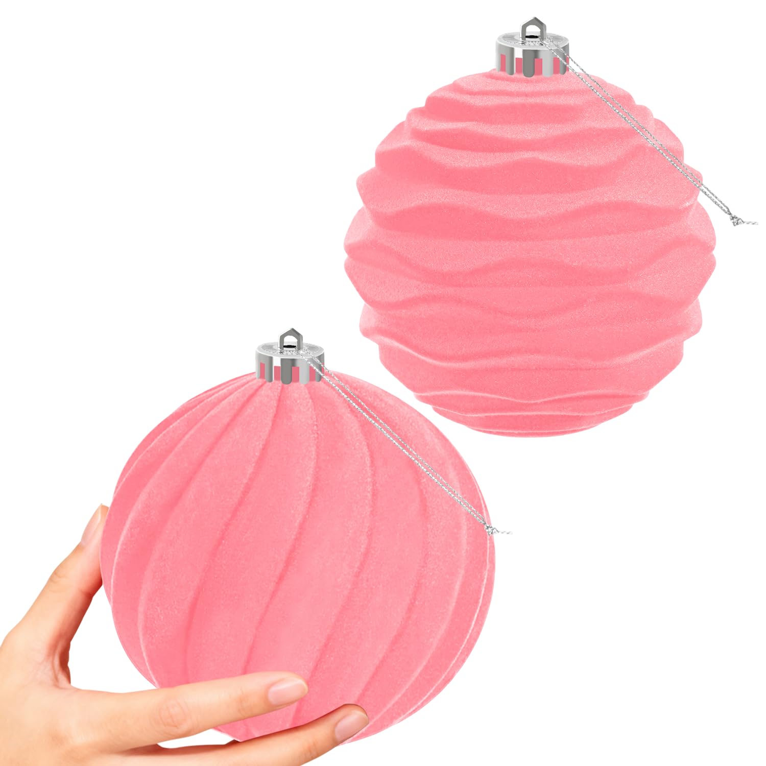 Miaikoe 2 PCS Large Velvet Christmas Balls Ornaments Shatterproof Hanging Set Flocked for Xmas Tree Holiday Party Decorations (Pink,15 CM)
