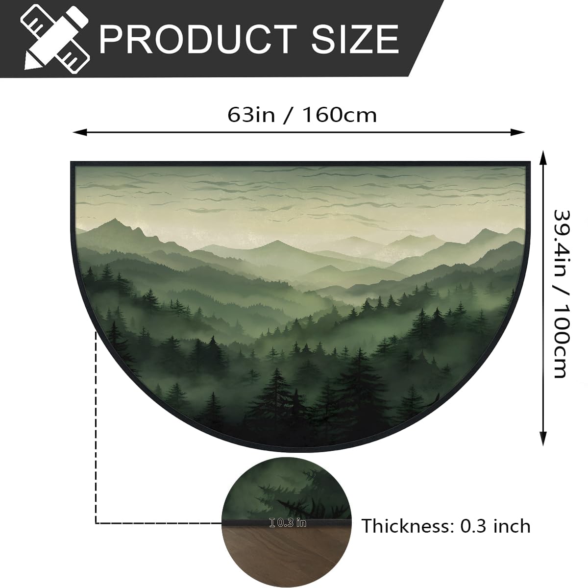 Mexpekil Paillasson demi-lune vert paysage de montagne pour intérieur et extérieur - Tapis de sol antidérapant lavable - Demi cercle - Attrape la saleté - 100 x 160 cm