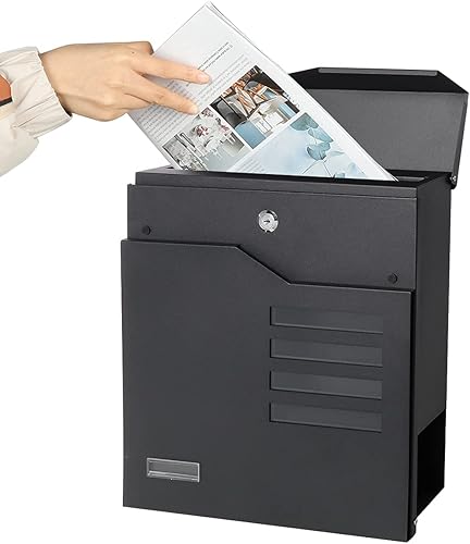 Miniatura 2 de Decaller Buzones montados en la pared con cerradura de llave, buzón grande de metal, 13 "x 13 35" x 4 15", negro