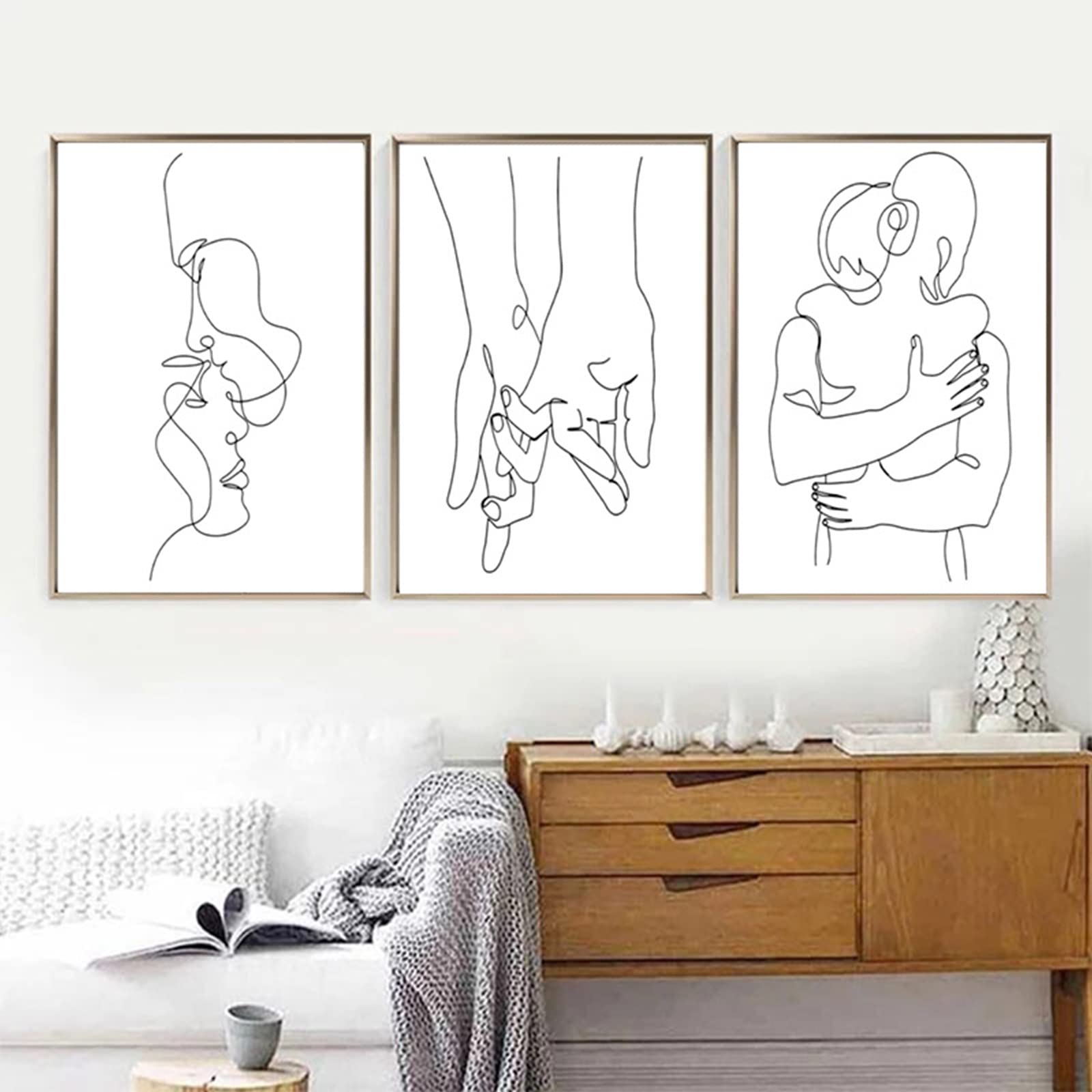 Juego de 3 pósteres de pared, moderno abstracto en blanco y negro con líneas blancas y negras,mano en mano, abrazo beso, mural decorativo para salón, sin marco