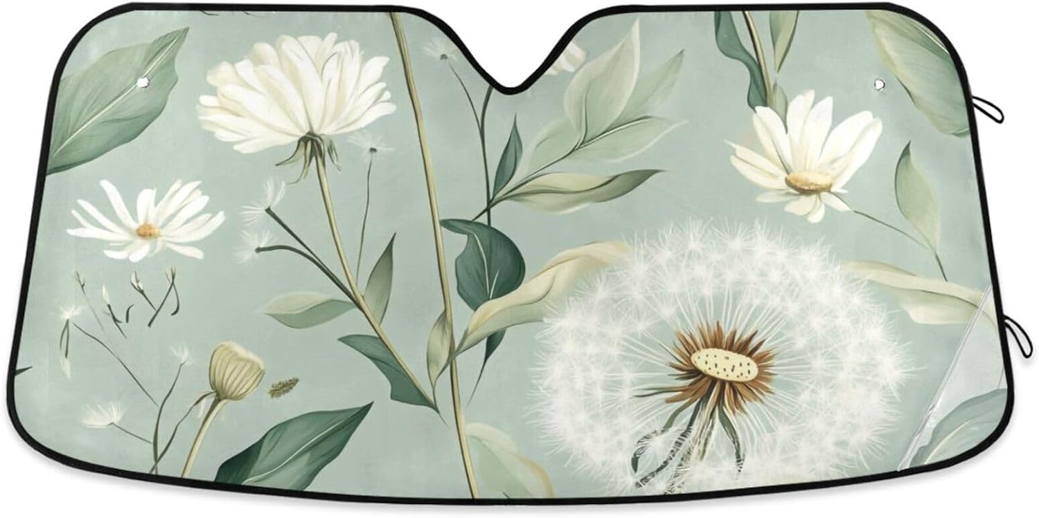 Sage Green Dandelions Windshield Sunshade Cover Foldable Durable Reflective Sun Visor for Car Truck Vans Prevent UV Rays and Sun Heat Protection Car Interior Accessories Funny Cute 57x31.5IN