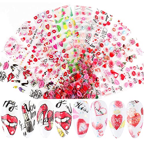 10 Sheets Valentine's Day Nail Art Foil Transfer Sticker Holographic Valentines Nail Stickers Decals Romantic Love Heart Kiss Rose Red Lips Nail Foils for Women Girls Valentines Nail Decorations