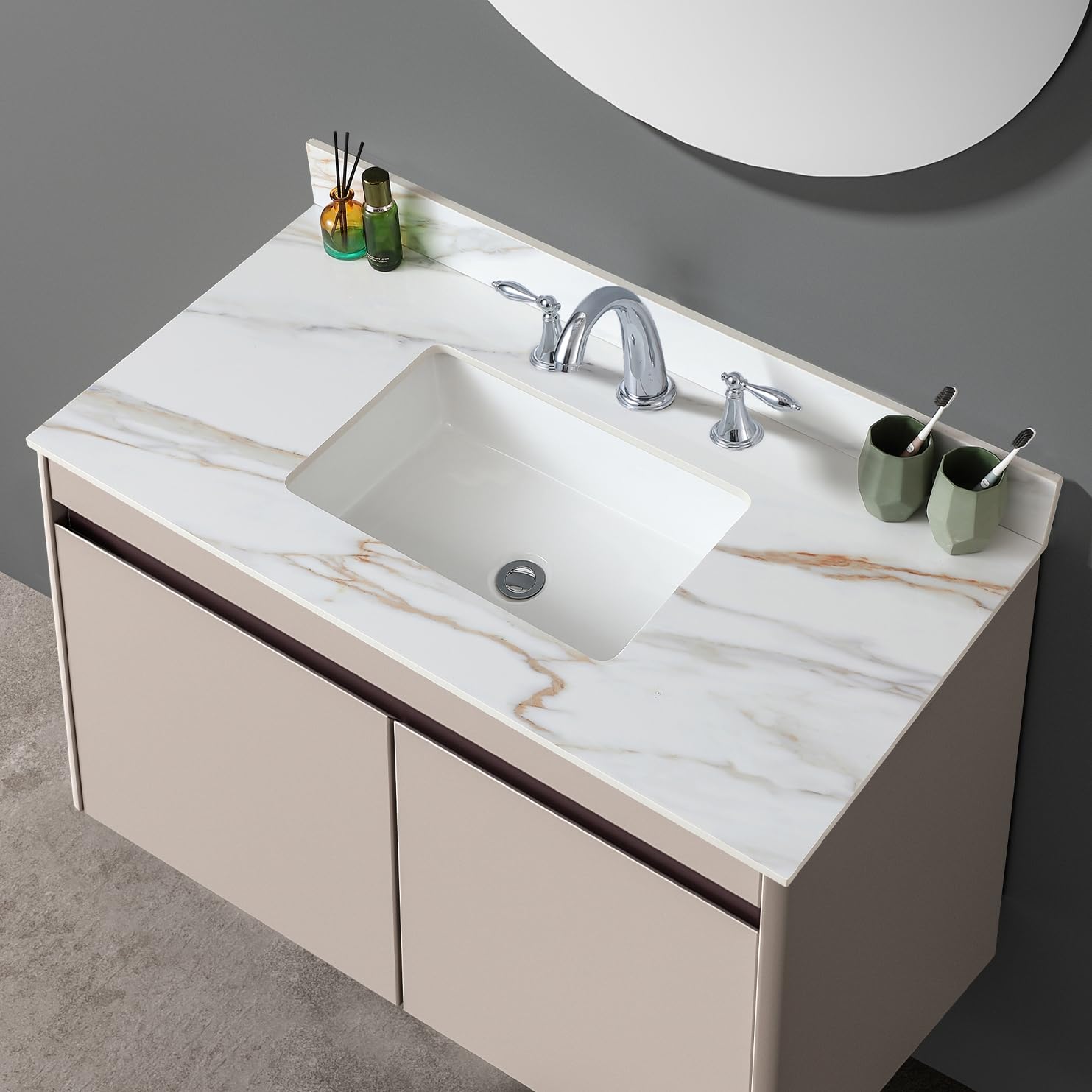 43' Bathroom Vanity Top with Ceramic Undermount Sink & Backsplash, Calacatta Gold Sintered Stone