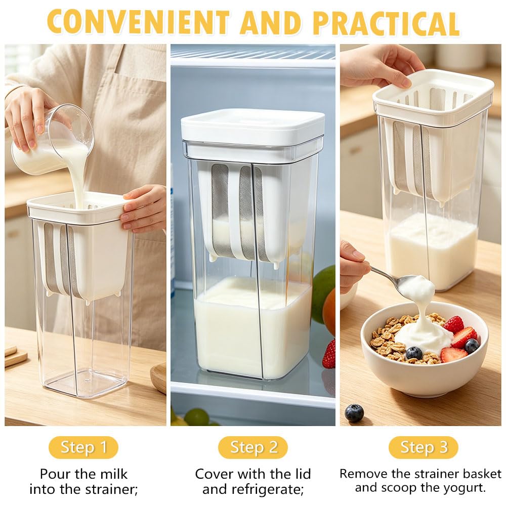 Colino per Yogurt Greco Colino per Yogurt da 2000 Ml con Coperchio Erogatore Yogurt Filtro con Acciaio Inossidabile Maglie e Coperchio per Filtrare Succhi di Frutta, Latte