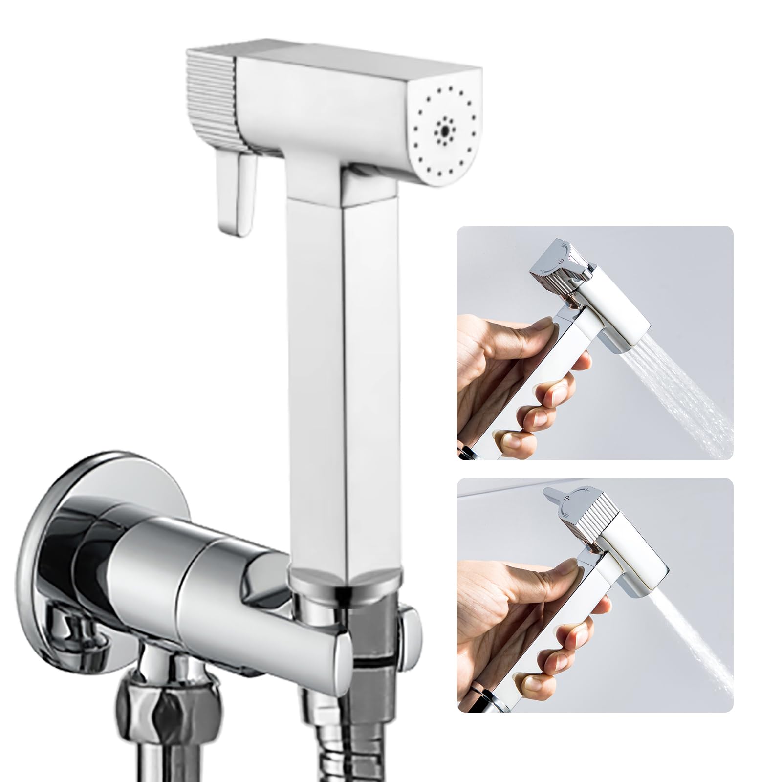 Bidet Handbrause Set Chrom 2 Funktionen Handbrause Toilette Messing Wandmontiert Bidet Armaturen mit 1.2m Duschschlauch, Ein Zulauf und Ein Ablaufeckventil