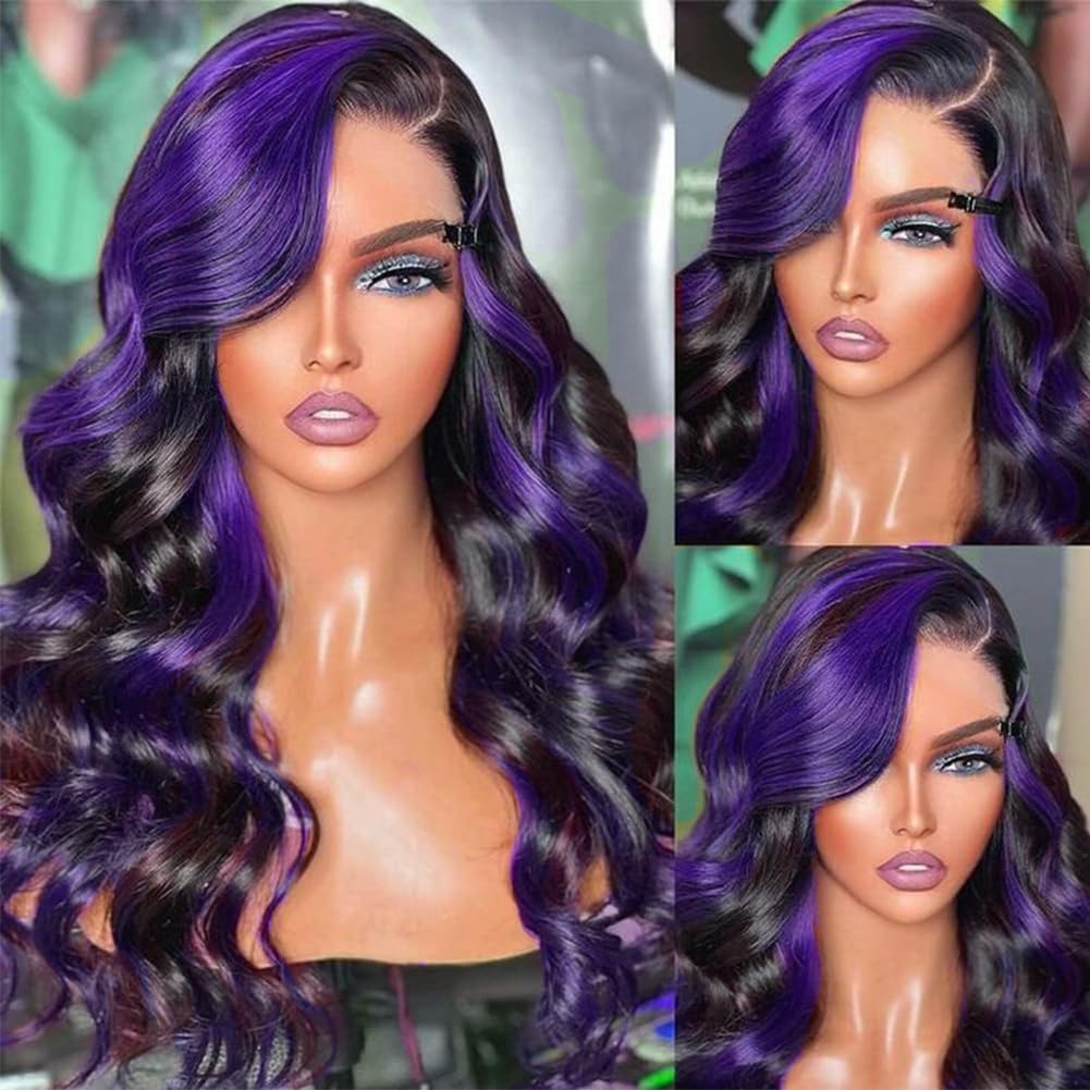 MARRY MOON 13x6 Highlight Purple Ombre Human Hair Wigs for Women 180% Density 13x6 Lace Frontal Black and Purple Lace Front Wigs Human Hair Body Wave