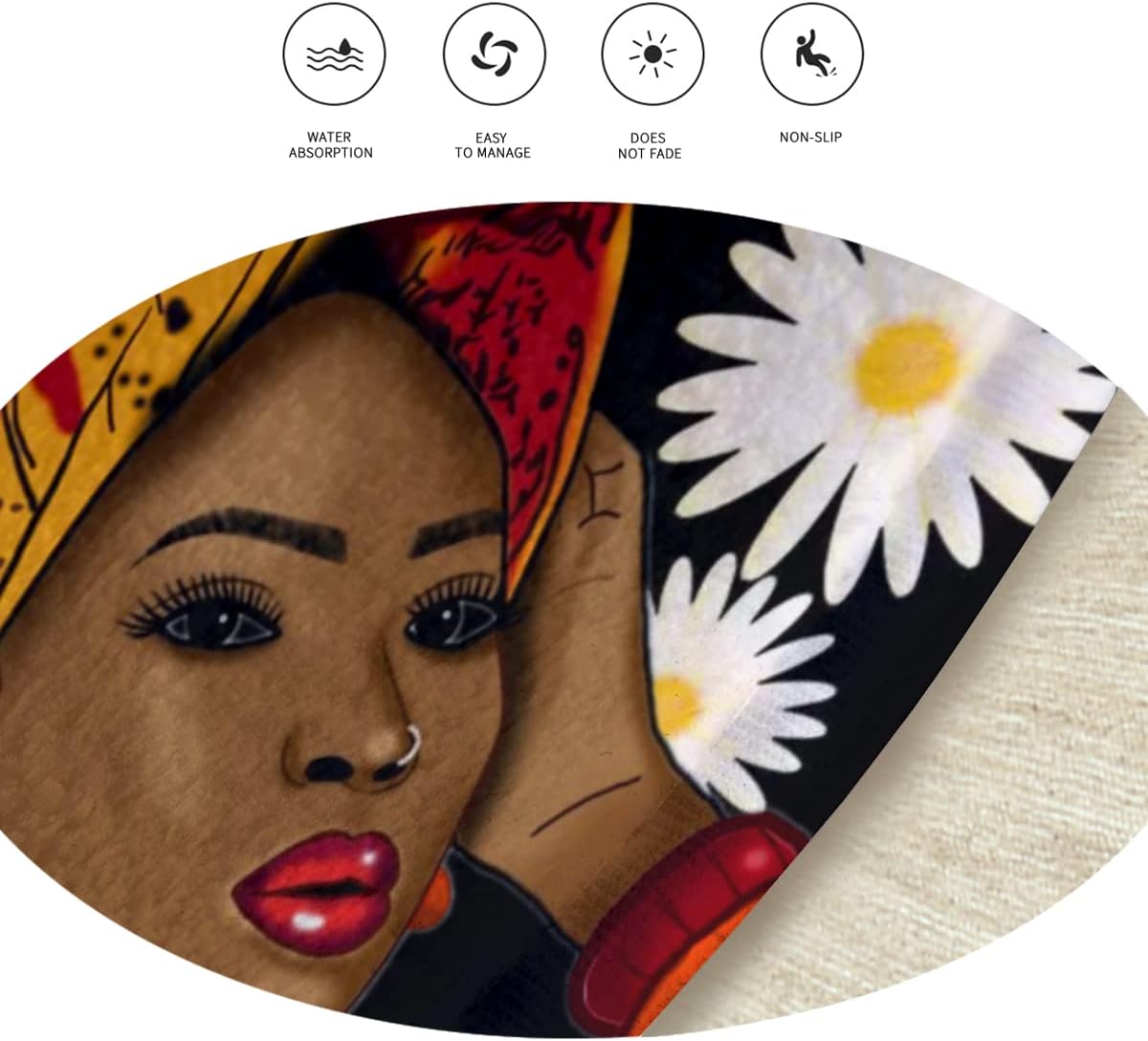 African American Black Women Area Round Carpet Anti-Slip Floor Mat Door Mat Bathroom Carpet Rug Washable Kitchen Living Room Bedroom Indoor Outdoor Large Floor Mat, Diameter 32 inches (80cm)