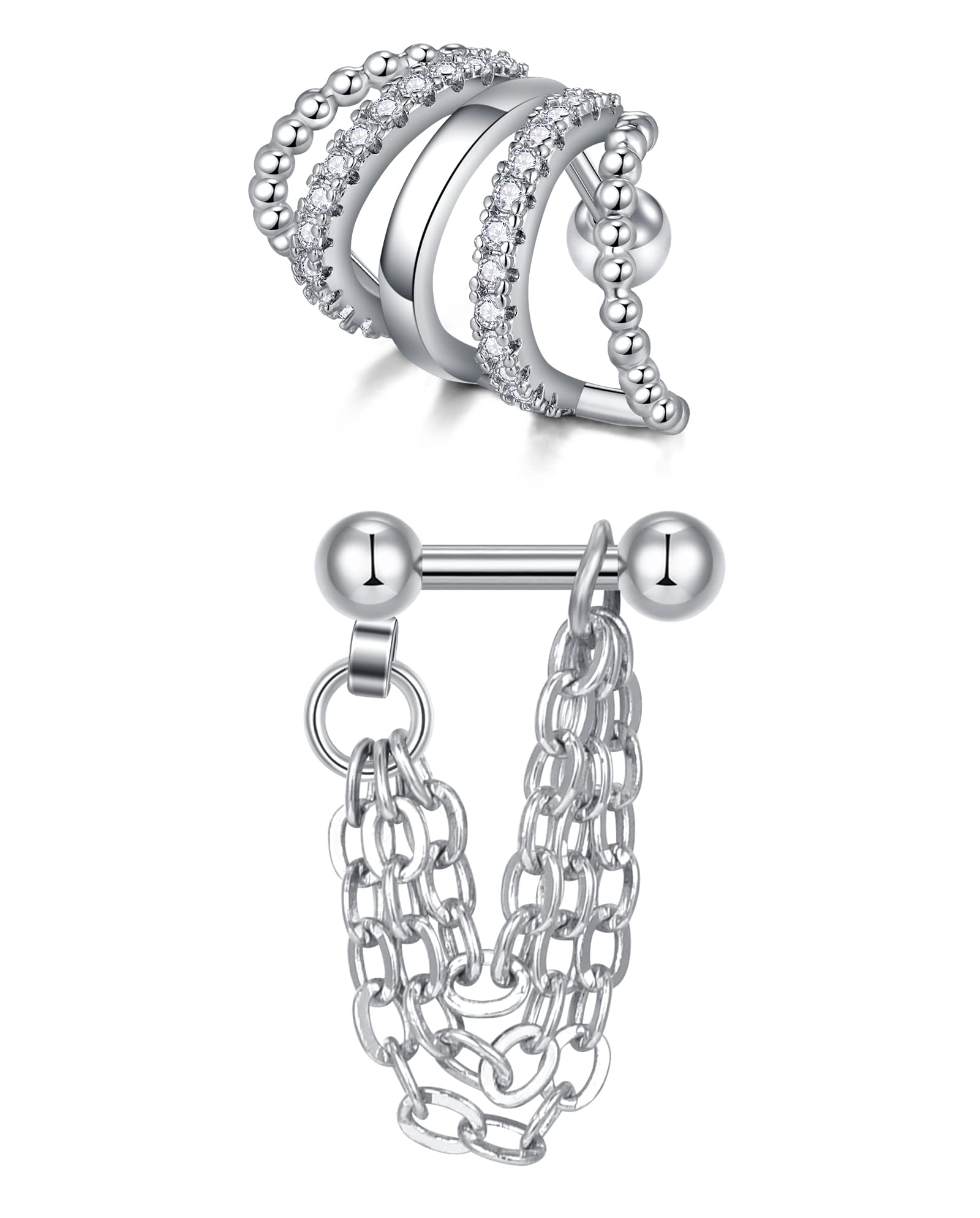 Briana Williams2 x Silver Earrings with Chain 16G Cartilage Helix Knorpel Piercing Surgical Steel Double Chain