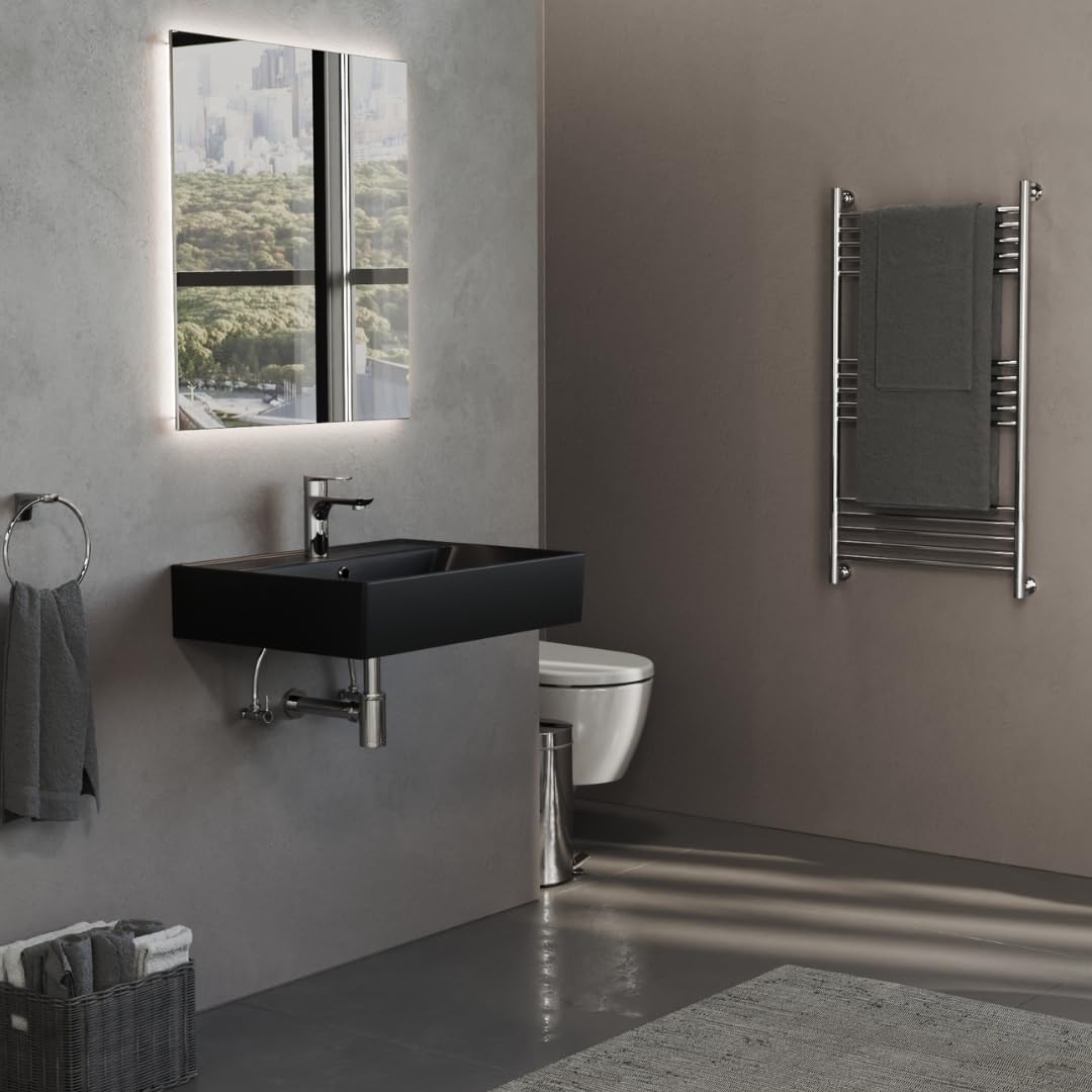 Aqua Bagno Waschbecken Schwarz Matt 60 cm, Keramik Aufsatzwaschbecken fürs Bad, rechteckiger Waschtisch mit Hahnloch, Waschplatz, modernes Waschbecken zur Wandmontage, für Badezimmer und Gäste WC