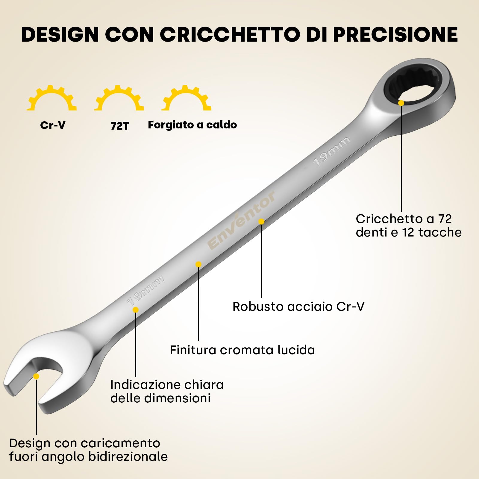 Enventor Set Chiavi a Cricchetto 8 Pezzi, Chiave a Cricchetto da Metrico 8mm a 19mm, Acciaio al Cromo Vanadio, 72 Denti, Testa Fissa, Arco di Rotazione a 5°, Set Chiavi Inglesi con Borsa