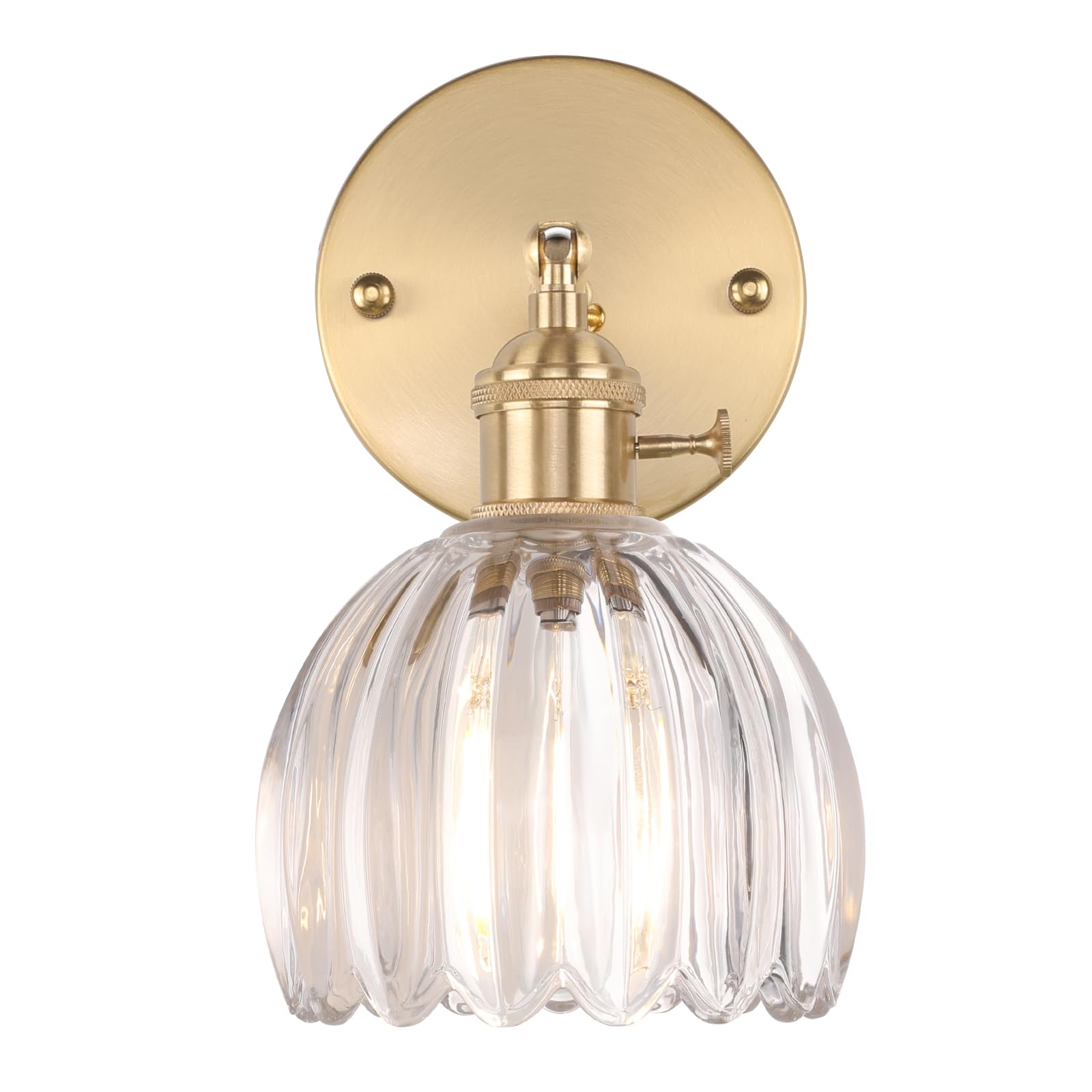 Vintage Wall Sconces with Cute Transparent Tulip Glass Lampshade 180 Degree Adjustable Brass Sconces Hradwired Modern Wall Lighting Fixture with Switch for Bedside Bedroom Doorway