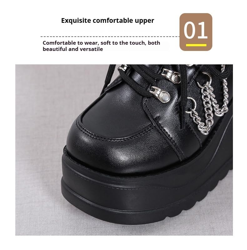 Cute Emo Shoes Platform Y2K Grunge Black Wedge Heels Low Boots with Metal Chains Charms for Women Teen Girls Chunky Goth Punk Kawaii Retro Gifts for Daughter Streetwear Back to School3