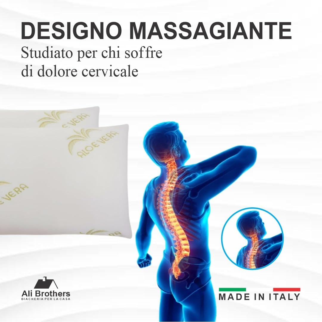 Cuscino Memory Foam Aloe Vera Set 2 Cuscino Ergonomico a Saponetta Antibatterico Ipoallergenico Traspirante per Benessere Notturno e Cuscini Letto Made in Italy per Collo e Cervicale