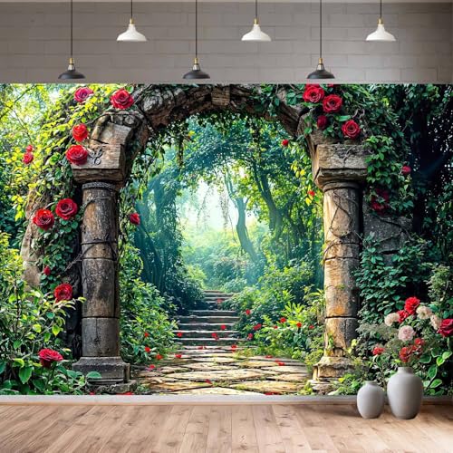 10X8ft Vintage Forest Backdrop Retro Spring Green Forest Red Rose Photography Background Natural Theme Decoration Kids Birthday Baby Shower Wedding Party Photo Studio Props Banner Decor