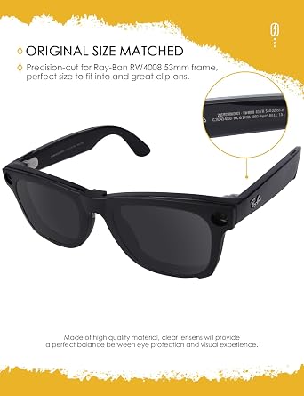 Matte Black Frame Polarized Clip-on Sunglasses Compatible with Ray-Ban Meta Wayfarer RW4008 53mm for Men & Women - Onyx Black & HI-DEF Yellow