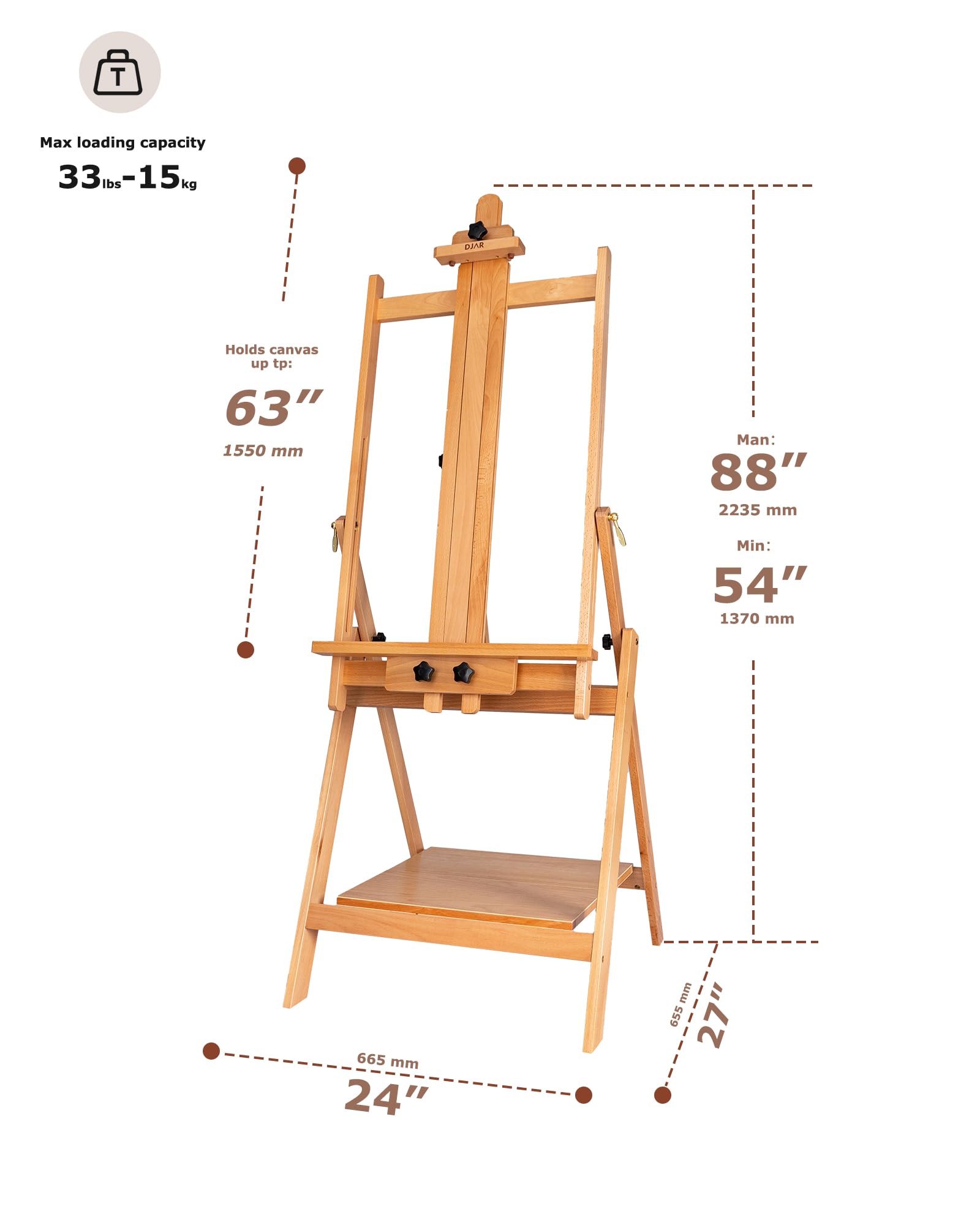 DJAR Houten H Frame Studio Art Schildersezel om te schilderen, 67-95 Verstelbare Hoogte, Grote Houten Kunstenaar Vloer Schildersezel, Houden Canvas tot 49, voor Volwassenen, Beginner