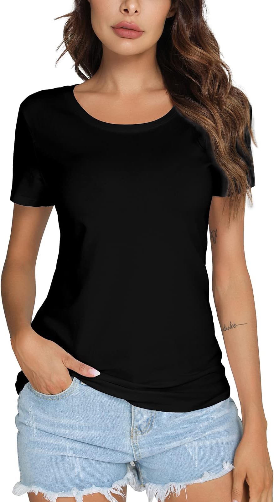 LOVFEE Women's Slim Fit Solid Color Short Sleeve Tee Tops Basic Cotton t-Shirt