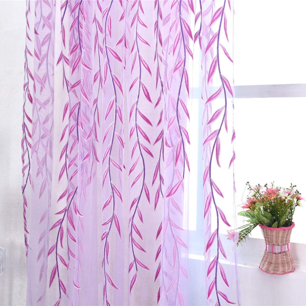 WINOMO Salix Foglia Modello Della Finestra Salice Pannelli Della Finestra Tende Tende Pura Voile Tulle per Soggiorno Camera Da Letto Balcone 106X39 Pollici (1 pz, Viola)